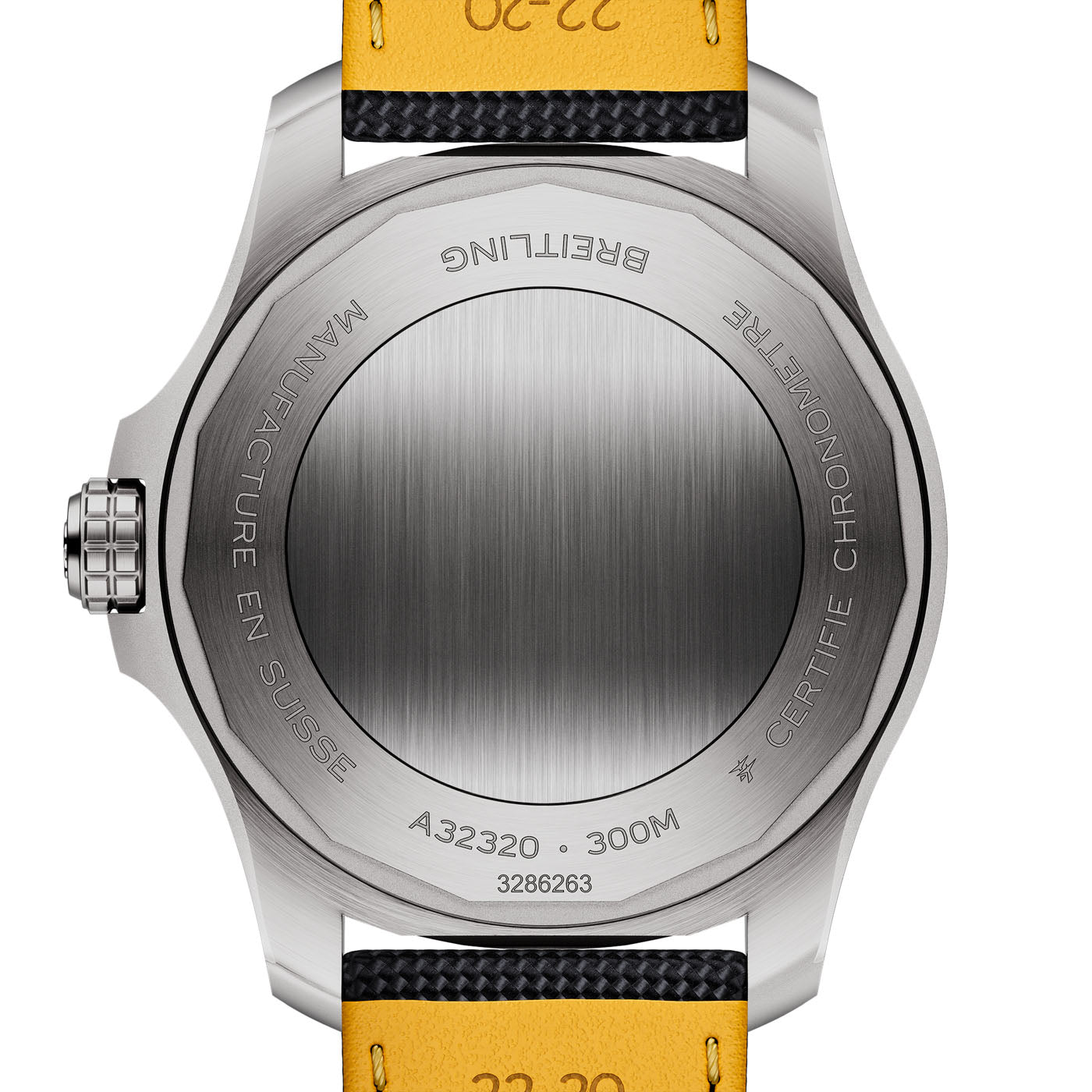 Back view of the BREITLING Avenger Automatic GMT 44 watch displaying full-throttle functionality with its stainless steel case, engraved with "A32320" and "300M." The watch is enhanced by a supersonic strength yellow and black leather strap.