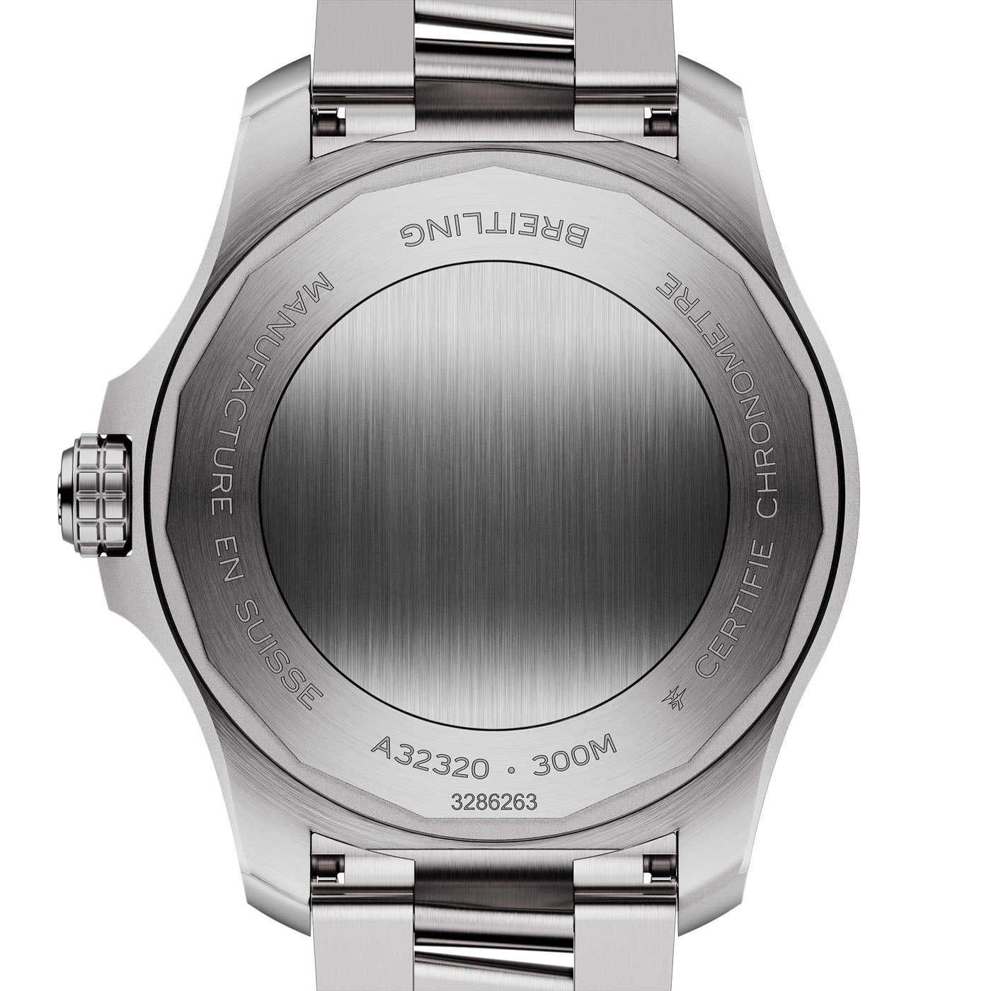 Close-up view of the back of a BREITLING Avenger Automatic GMT 44 wristwatch. The metallic back plate displays text: "BREITLING," "MANUFACTURE EN SUISSE," "CERTIFIE CHRONOMETRE," model number "A32320," and "300M." This watch boasts supersonic strength with its sturdy stainless steel bracelet.