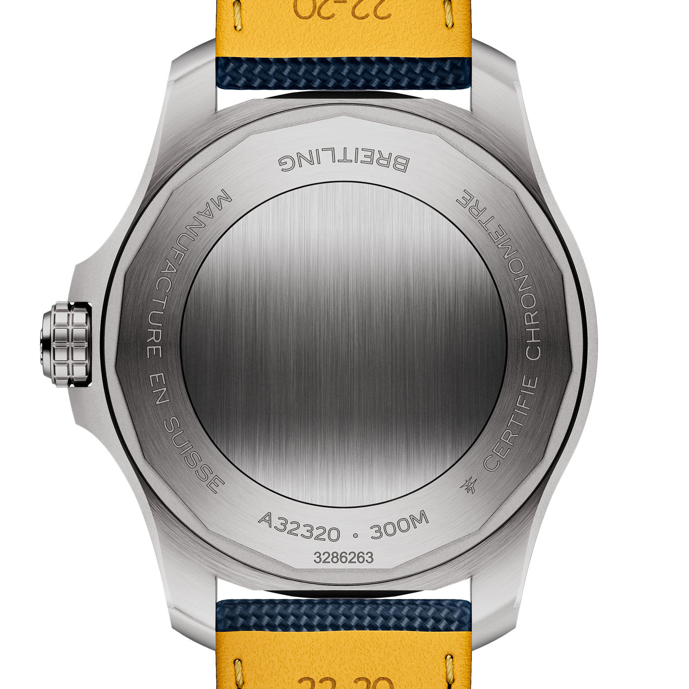 The image features the back of the BREITLING Avenger Automatic GMT 44 wristwatch, displaying a brushed metal finish that radiates exceptional strength. The outer ring is engraved with "Manufacture en Suisse," "Breitling," and "Certifie Chronometre." This Avenger watch comes with a distinctive yellow and blue strap.