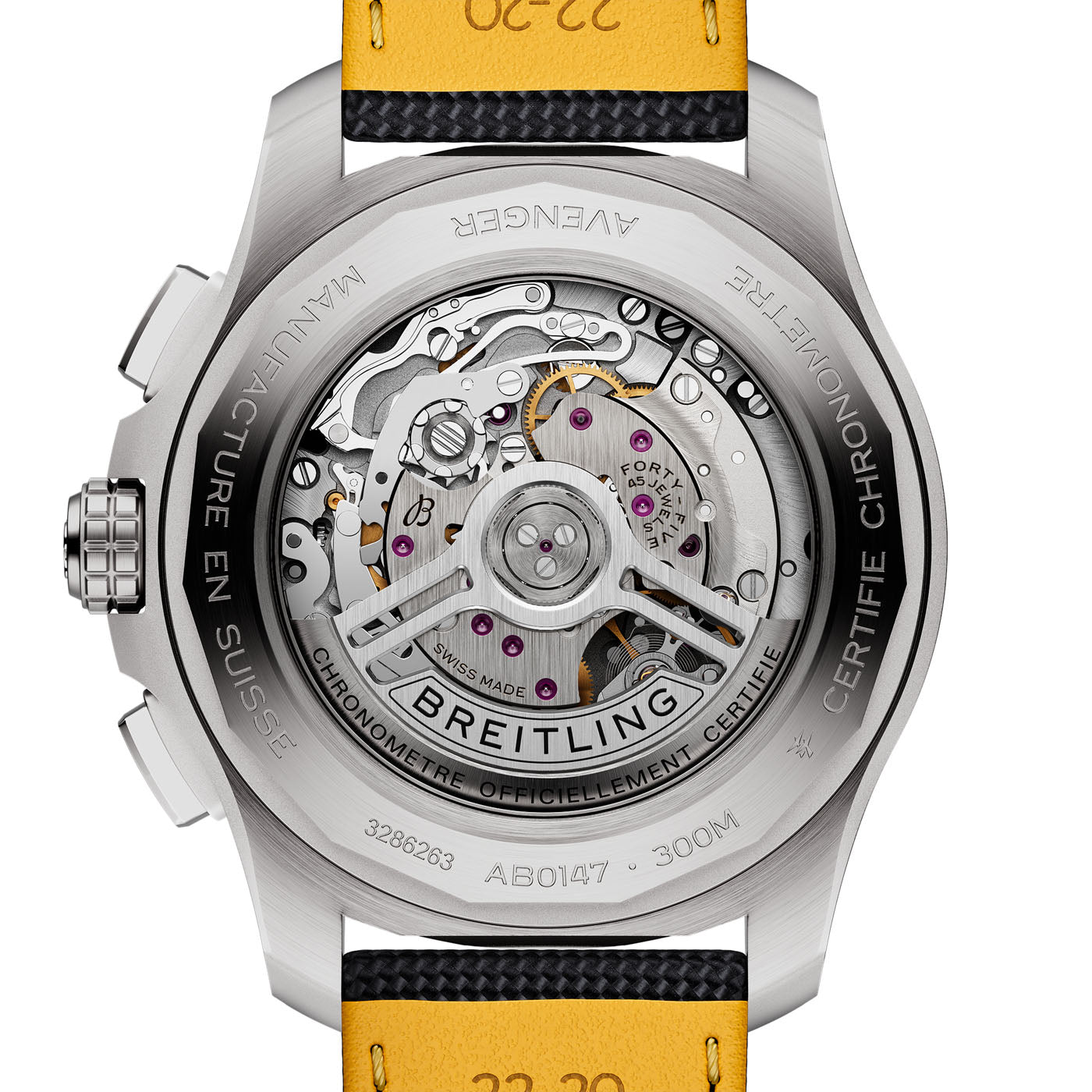 The image features the back of a BREITLING Avenger B01 Chronograph 44 watch, displaying its complex mechanical movement through a transparent case back. Designed for ultimate strength, this timepiece boasts a striking black and yellow wristband, embodying high-performance functionality in its design.