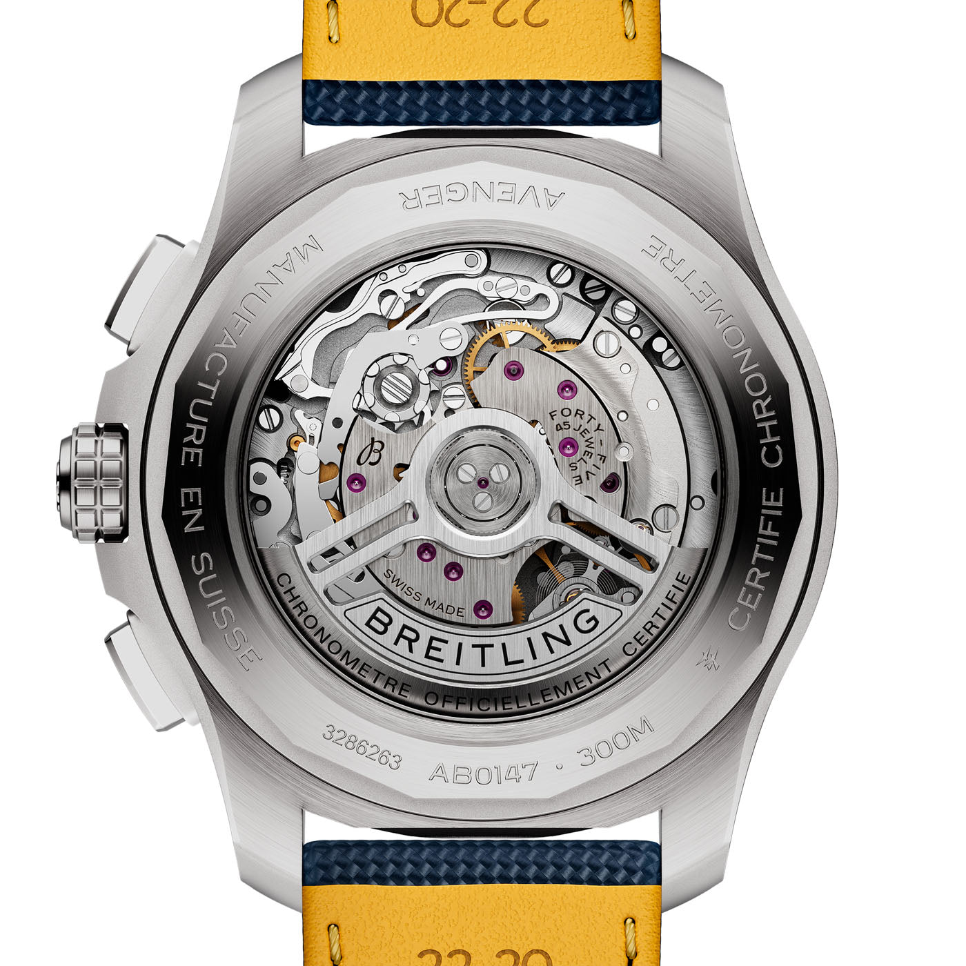 The image showcases the back of the BREITLING Avenger B01 Chronograph 44, revealing its exposed mechanical movement and emphasizing its high-performance functionality. This Swiss-made chronometer features a striking blue and yellow strap with visible gears and components.