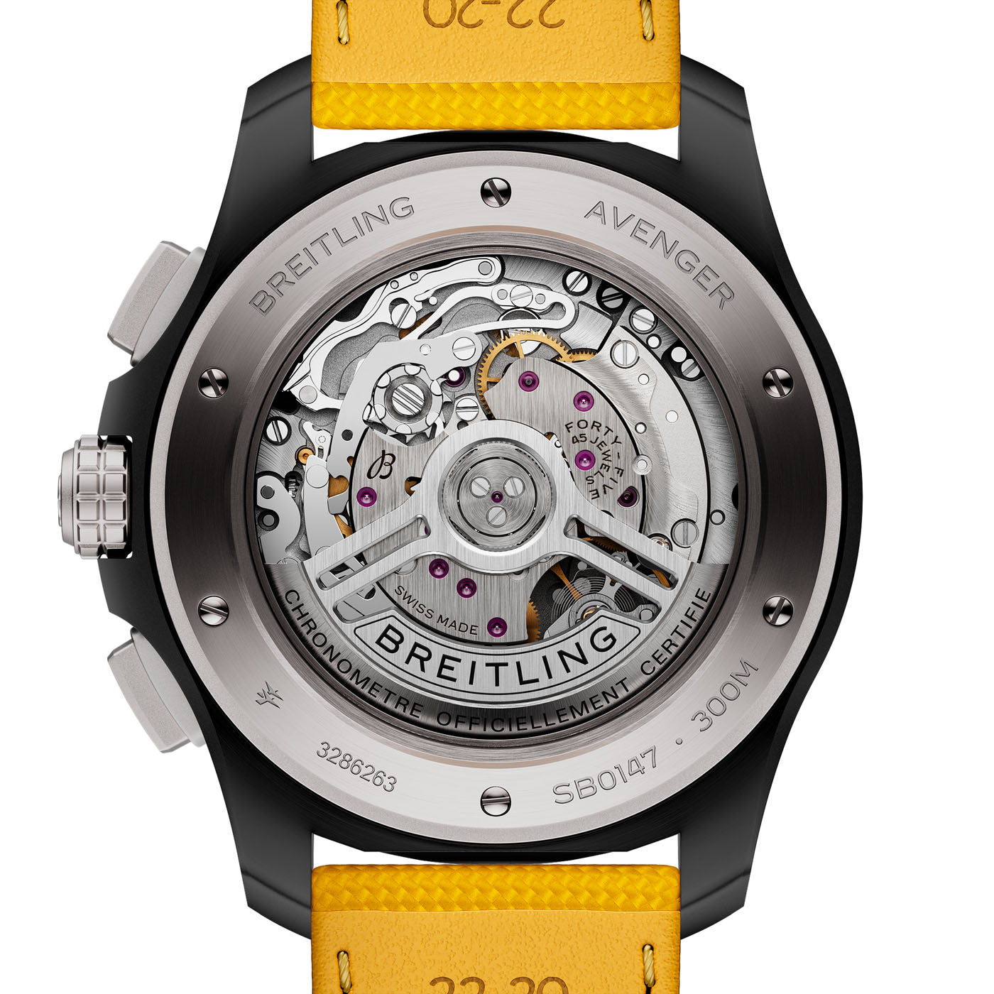 The image showcases the back of the BREITLING Avenger B01 Chronograph 44 Night Mission by Breitling. It embodies Supersonic Strength with its transparent case, revealing intricate mechanics. Featuring a black outer casing and yellow strap, it exudes Full-Throttle Functionality, complemented by engraved text around the caseback.