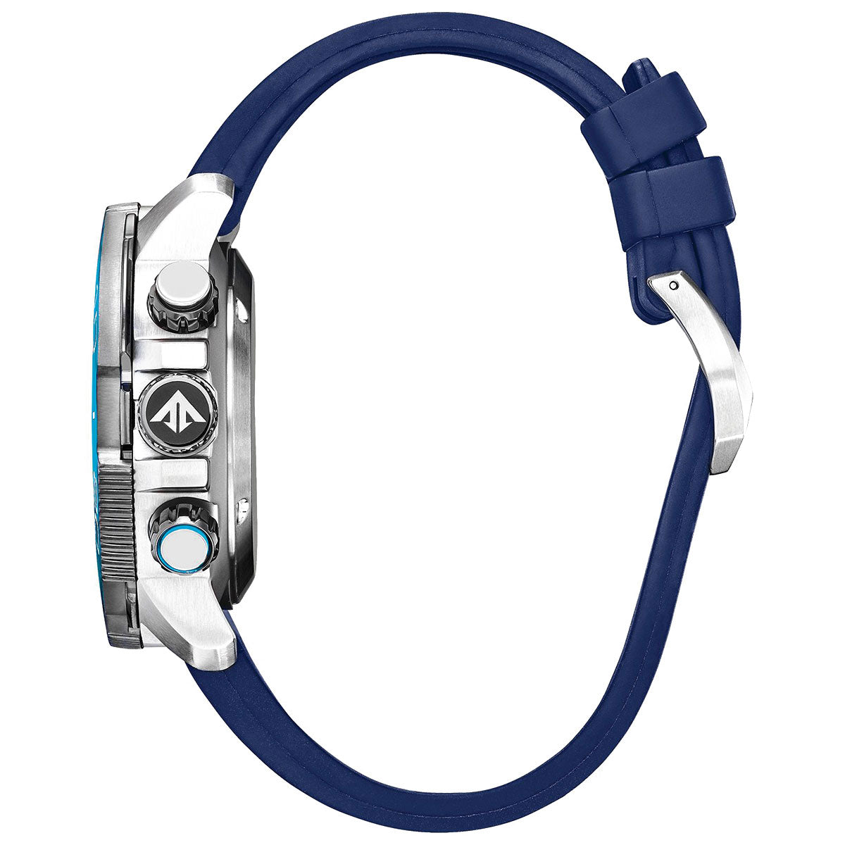 Side view of a CITIZEN Promaster Aqualand Eco-Drive 46mm Watch featuring a stainless steel case and a blue strap. The timepiece incorporates Eco-Drive technology, a textured bezel, two pushers, and a crown adorned with CITIZEN's logo. The strap has a smooth finish and is secured by a buckle, meeting ISO compliance standards for divers.