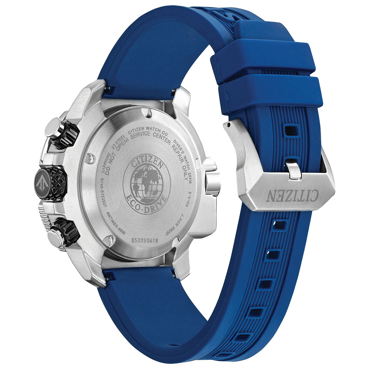 Rear view of the CITIZEN Promaster Aqualand Eco-Drive 46mm Watch, presenting a blue silicone strap. The stainless steel case back highlights embossed branding and technical details. Key features include a textured crown and push buttons on the side, all powered by Eco-Drive technology.