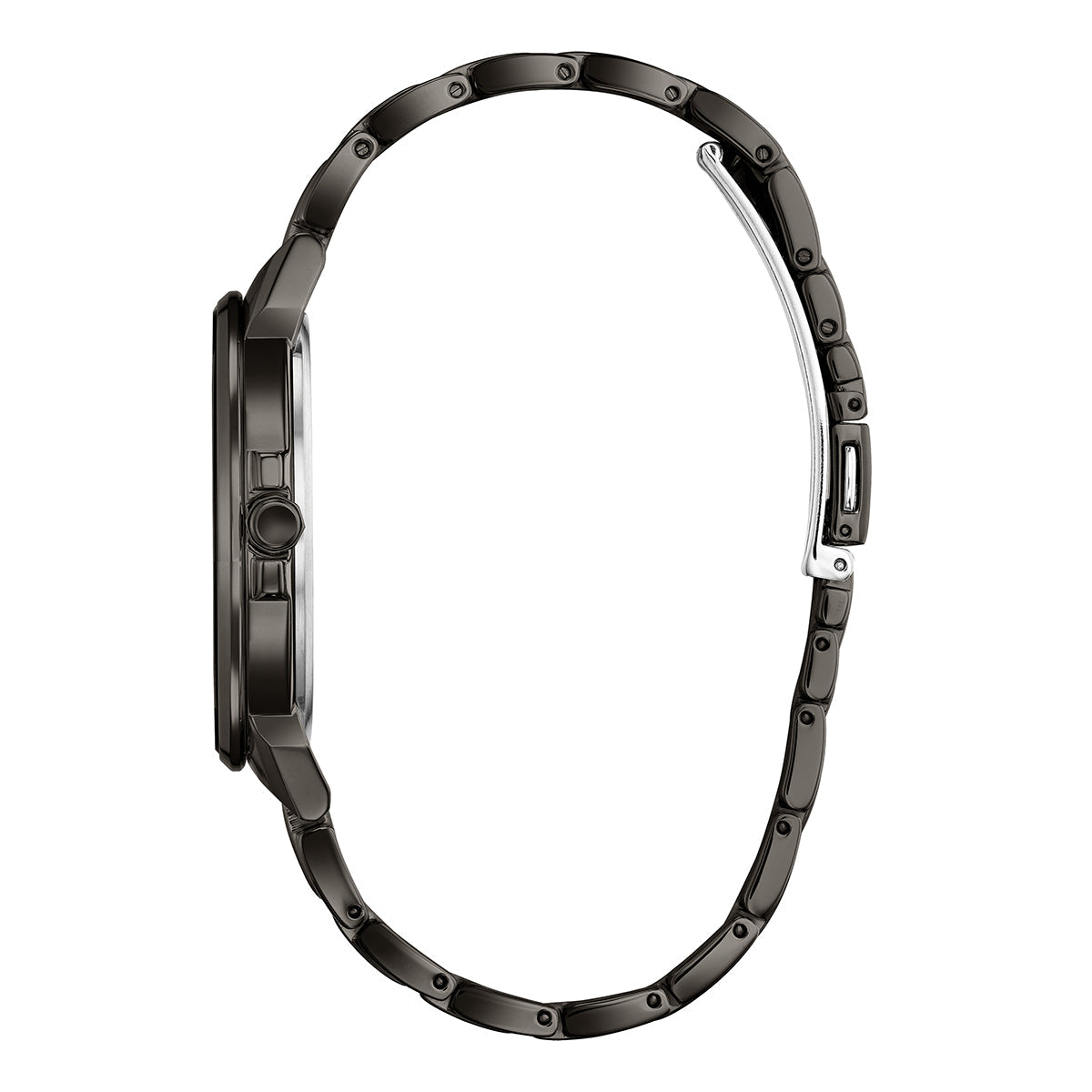 Side view of the CITIZEN Axiom Eco-Drive 41mm Watch, featuring a sleek, black design with a metal bracelet and latch closure. This watch boasts a minimalist style that emphasizes its slim profile and elegant construction.