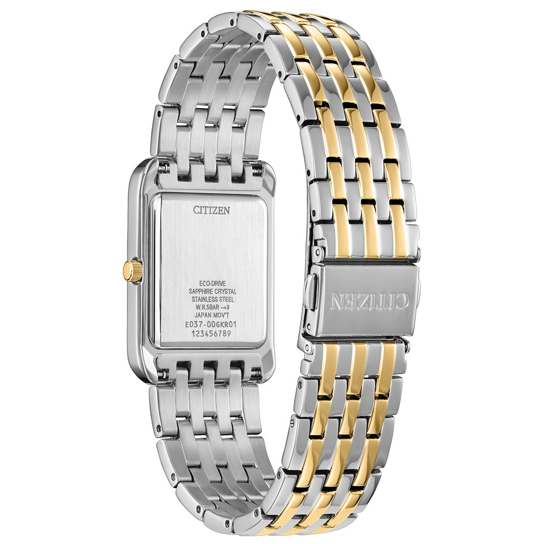 A close-up of the back of the CITIZEN Addysen Eco-Drive 26.5mm Watch, featuring a two-tone silver and gold stainless steel band, showcasing the clasp and engraved details on the case.