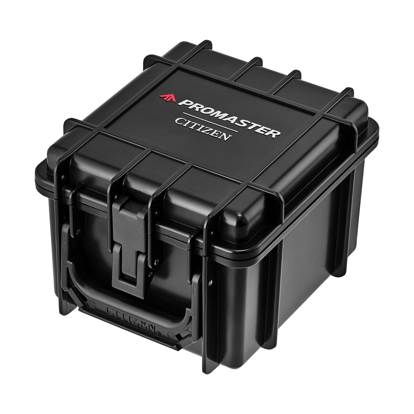 A black rectangular storage case featuring a secure latch and handle showcases the brand names "CITIZEN" and "PROMASTER" on the lid, emphasizing its rugged design with reinforced edges and corners for optimal durable protection.