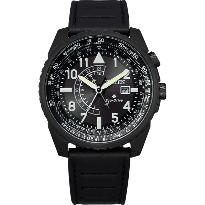 The CITIZEN Promaster Nighthawk Eco-Drive 42mm Watch is an elegant black analog timepiece that incorporates Eco-Drive technology, showcasing a detailed dial with bold white numerals. It features a pilot's rotating dial ring and is complemented by a black leather strap, enhancing its multifunctional design with multiple dials and hands for various functions.