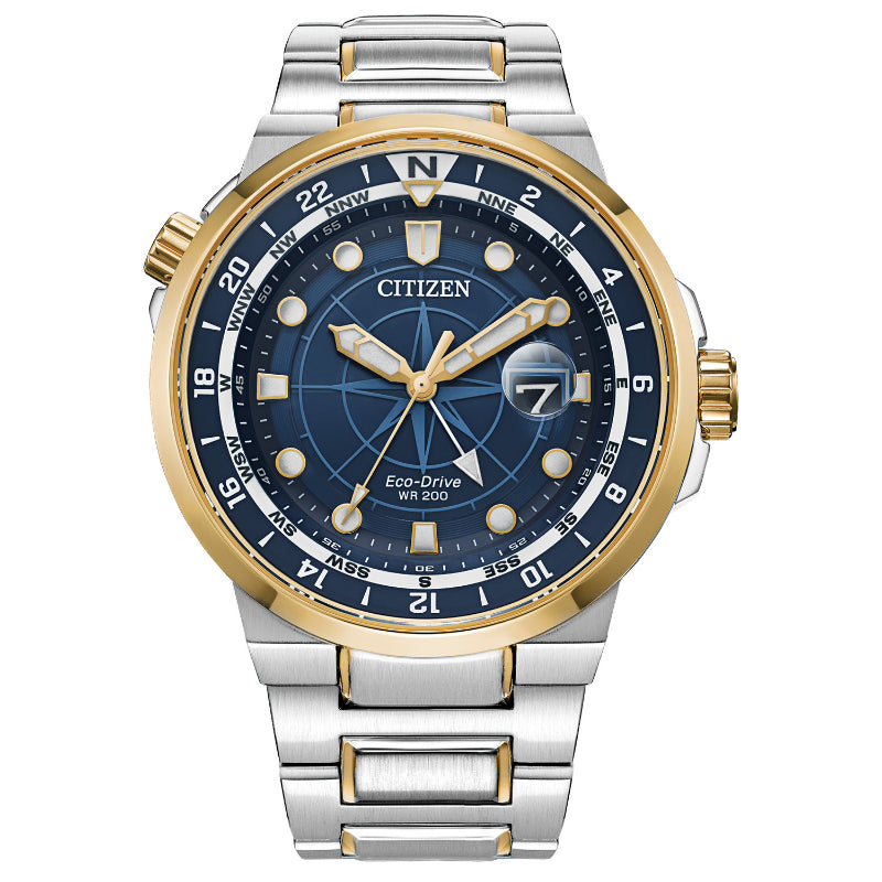 The CITIZEN Endeavor Eco-Drive 44mm Watch showcases a blue dial with gold and silver accents, complemented by a stainless steel band. It features a compass bezel, luminous markers, and a date window at the 3 o'clock position, with its durability ensured by sapphire crystal.