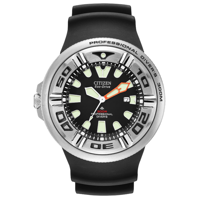 The CITIZEN Promaster Dive "Ecozilla" Eco-Drive 48mm Watch by Citizen incorporates an Eco-Drive system and comes with a black rubber strap. It features a round silver bezel crafted for diving, accompanied by a black dial with luminescent hands and markers, as well as an eye-catching orange hand. With water resistance up to 300 meters, it is ideal for aquatic adventures.