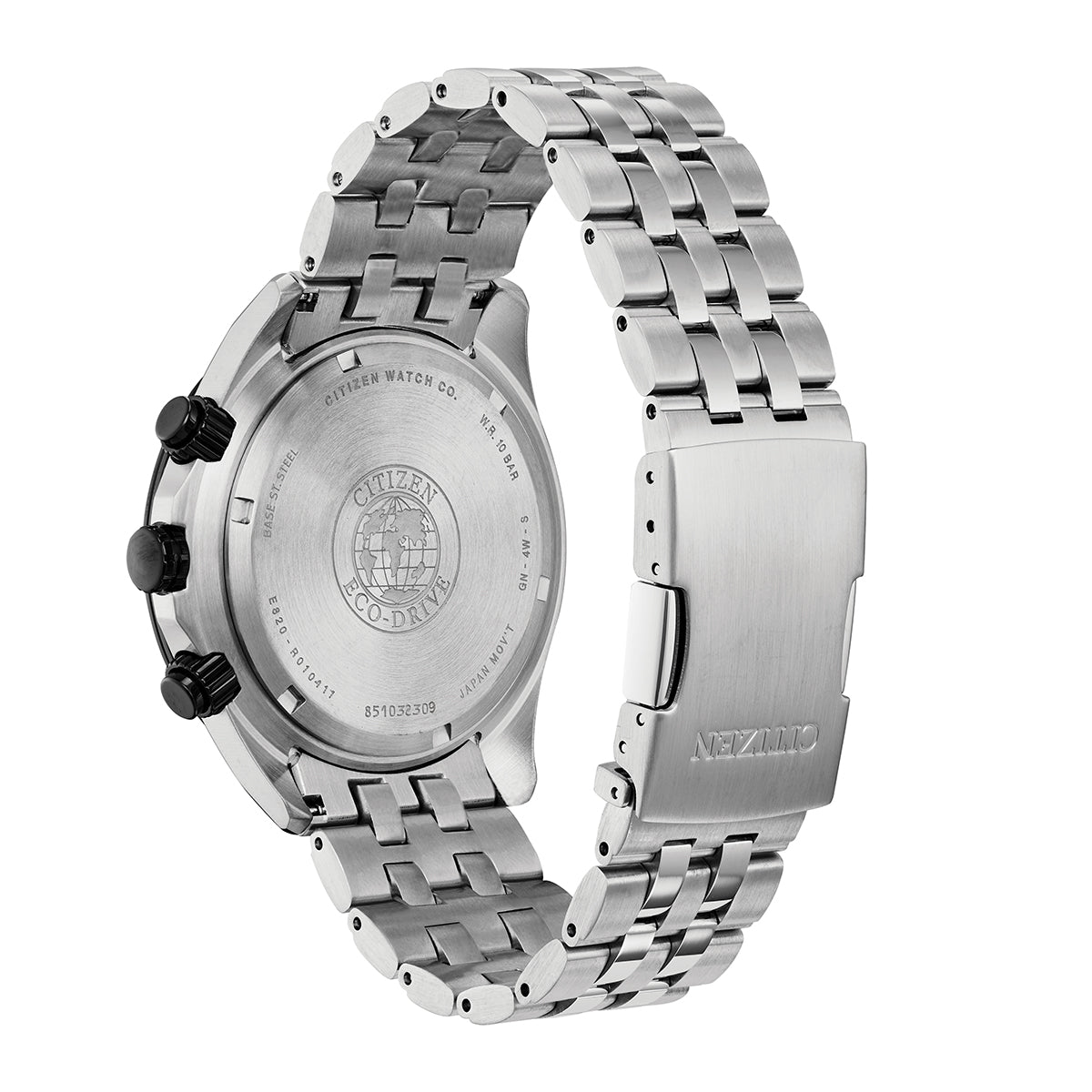 Rear view of a CITIZEN Classic Eco-Drive 42mm Watch showcasing a silver stainless steel band and clasp, with black buttons on the side.