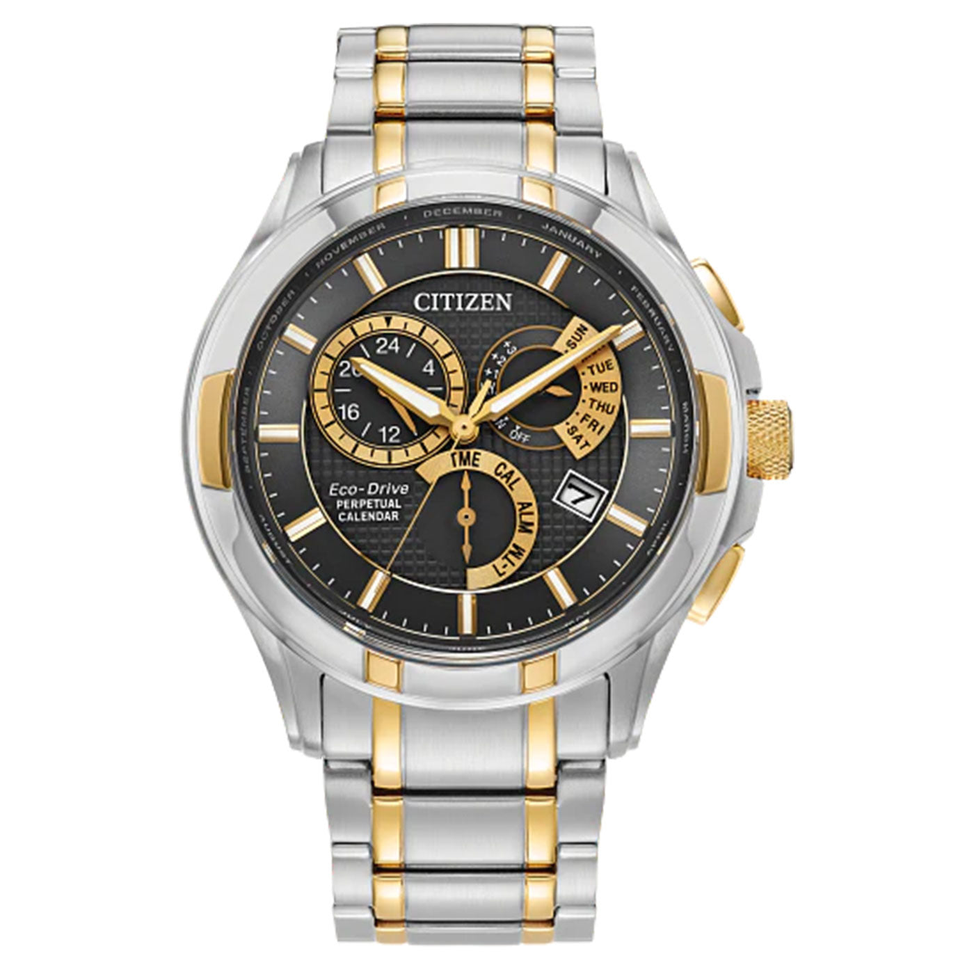 The CITIZEN Calibre 8700 Eco-Drive 42.5mm Watch flaunts a sophisticated silver and gold metal band, complemented by a black dial with gold accents. It includes various sub-dials, day and date indicators, and a perpetual calendar. The silver bezel is tastefully enhanced with gold trim around the crown, exuding an enduring elegance.
