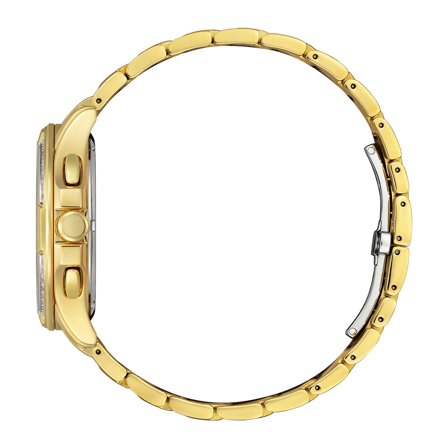 Side view of the CITIZEN Calibre 8700 Eco-Drive 42.5mm Watch, showcasing its gold-tone stainless steel design with a sleek case. The detailed link bracelet and smooth bezel are enhanced by the presence of visible buttons. Standing vertically with the clasp open, this timepiece is powered by Eco-Drive technology.