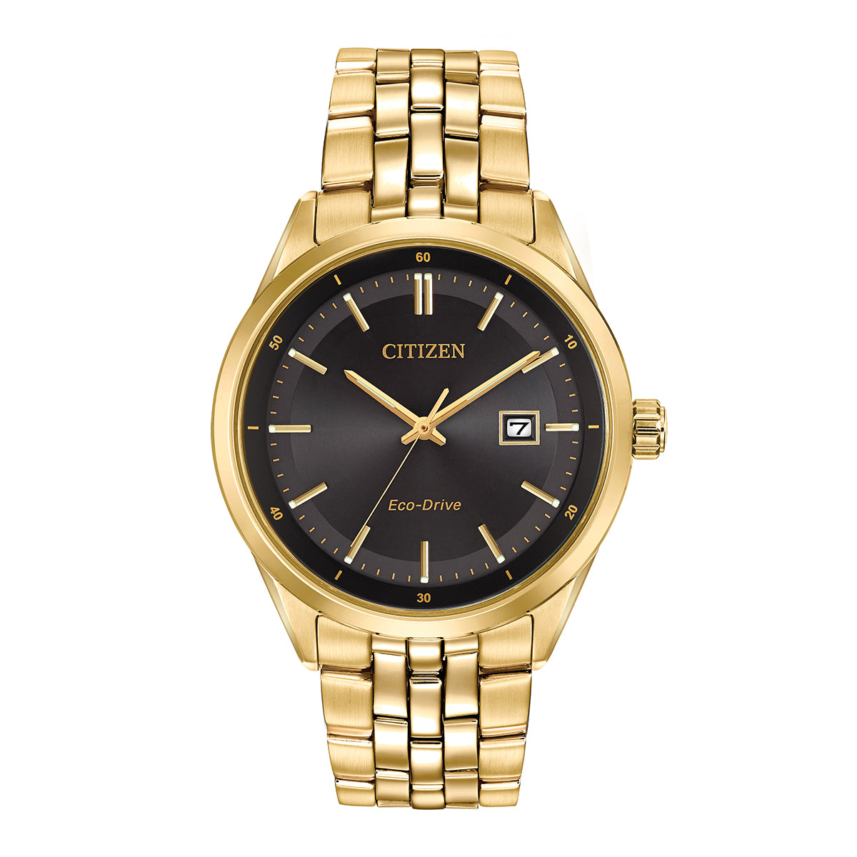The CITIZEN Addysen Eco-Drive 41mm Watch showcases a black dial with gold-tone stainless steel hour markers, a date window at 3 o'clock, and a robust sapphire crystal. Its elegant design is finished with a gold stainless steel bracelet and round case.