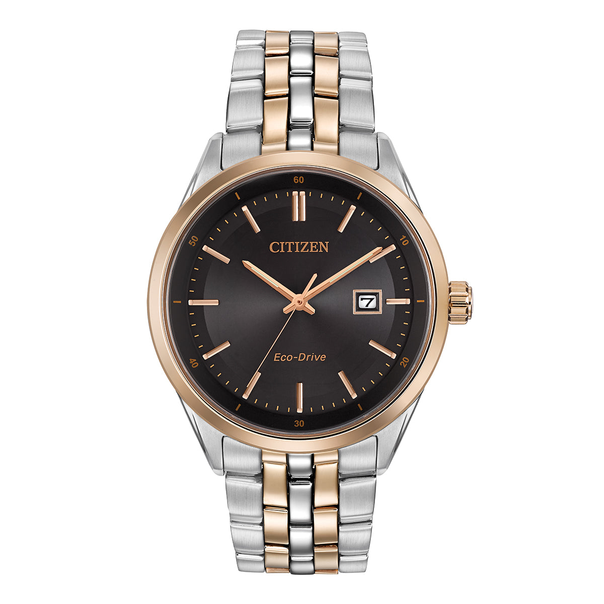 The CITIZEN Addysen Eco-Drive 41mm watch boasts a black dial embellished with gold hour markers and hands, protected by a sapphire crystal. It features an elegantly placed date display at the 3 o'clock position. The stainless steel bracelet is enhanced with gold-tone accents on the outer links, adding a sophisticated touch.