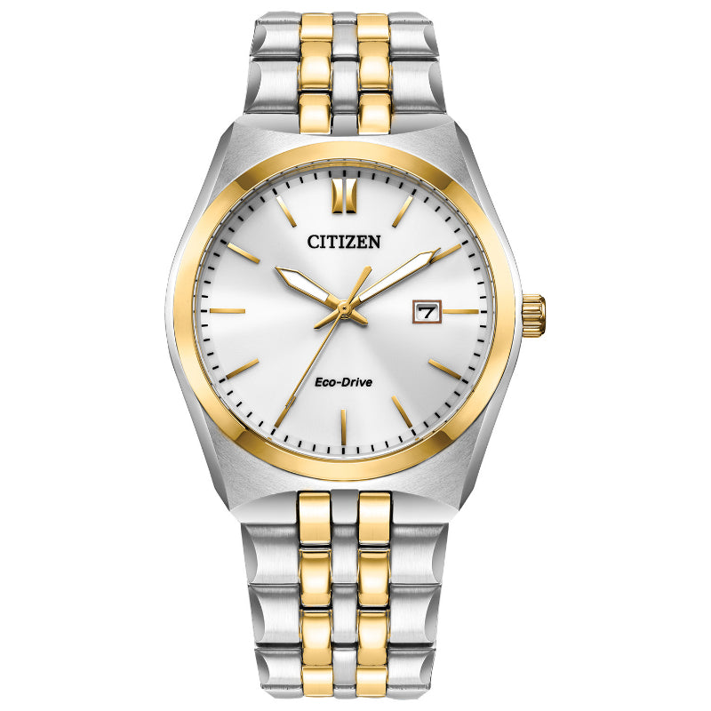 The CITIZEN Corso Eco-Drive 40mm Watch includes a two-tone stainless steel bracelet and Eco-Drive technology. Featuring a white dial with gold-tone hands and hour markers, it elegantly complements the gold-tone bezel, while a date display at 3 o'clock enhances the functionality of this sophisticated timepiece.
