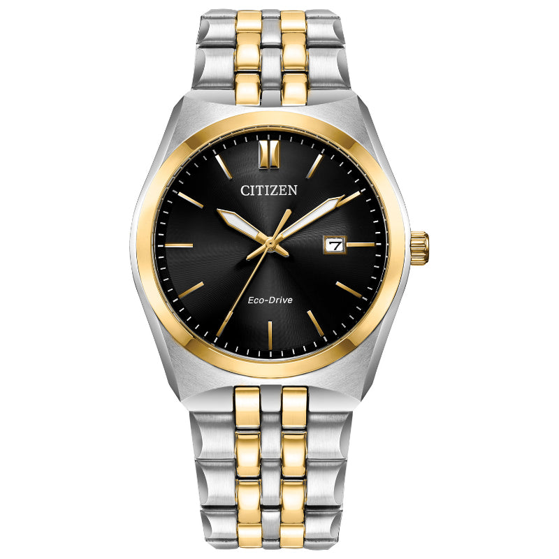 The CITIZEN Corso Eco-Drive 40mm Watch, from the renowned brand CITIZEN, showcases Eco-Drive technology and is designed with a black dial, a gold-tone bezel, and a silver and gold-tone metal bracelet. It features hour markers, two hands, and a date display at the 3 o'clock position.