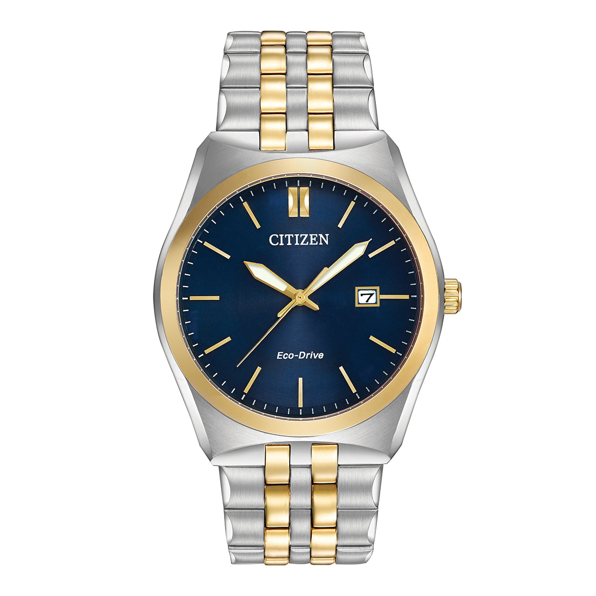 The CITIZEN Corso Eco-Drive 40mm Watch features a two-tone stainless steel bracelet and case, highlighted by its deep blue dial. The gold-tone hour markers and hands, along with the small date display at the 3 o'clock position, add to its timeless elegance.