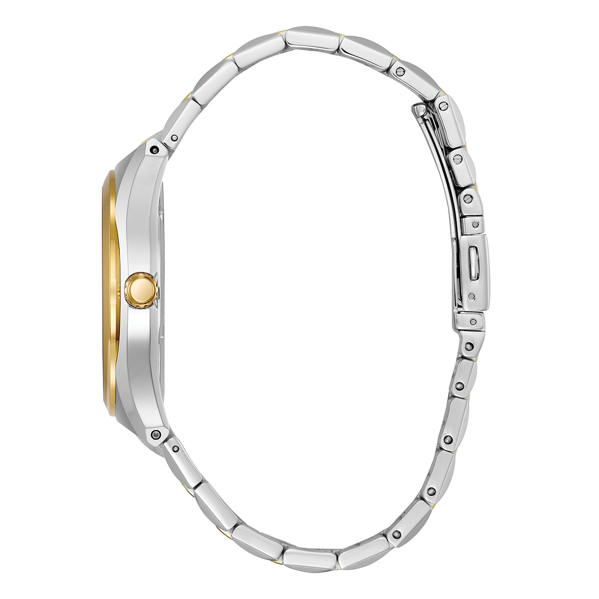 A side view of the CITIZEN Corso Eco-Drive 40mm Watch showcases its sleek two-tone stainless steel bracelet. This timepiece features a gold bezel and a prominent crown for easy time adjustment, complemented by an elegant deep blue dial. The intricate metal links and clasp are clearly visible.