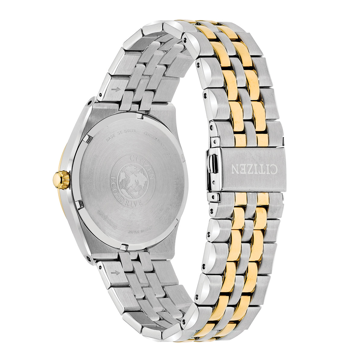 A CITIZEN Corso Eco-Drive 40mm watch with a silver and gold finish is showcased, featuring the reverse side of its two-tone stainless steel face and clasp. The metal bracelet band has a polished appearance with the "CITIZEN" logo elegantly engraved on the clasp.