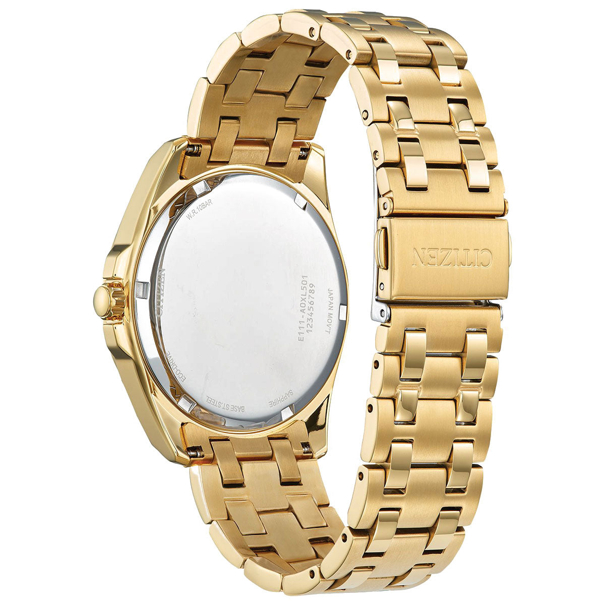 The CITIZEN Peyten Eco-Drive 41mm Watch is a luxurious gold stainless steel timepiece with a polished link bracelet and a secure clasp embossed with the CITIZEN name.