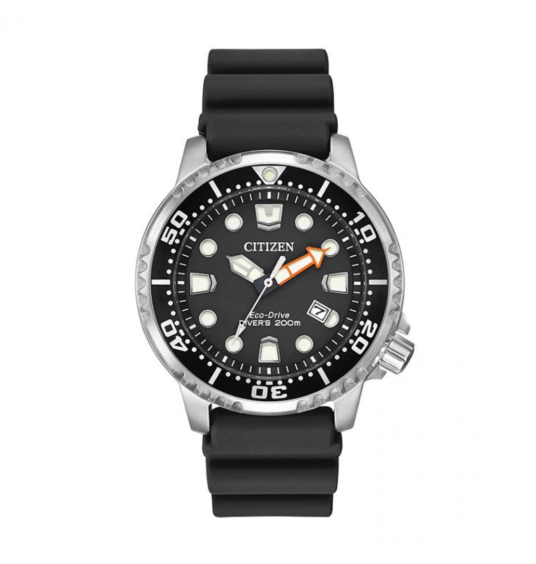 The CITIZEN Promaster Dive Eco-Drive 44mm Watch is designed with a black rubber strap and a circular dial. It includes white hour markers, a rotating bezel, and orange accents on the hour hand. This water-resistant timepiece is marked "Eco-Drive" and "Diver's 200m," ensuring its ISO compliance for diving adventures.