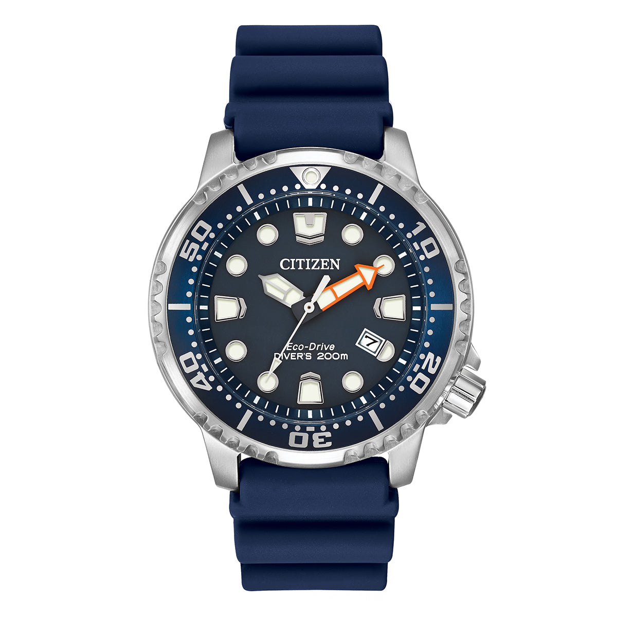 The CITIZEN Promaster Dive Eco-Drive 44mm Watch features a blue dial and bezel with luminous markers and hands. This ISO-compliant timepiece includes a silver case paired with a blue rubber strap and is water-resistant to 200m. The dial displays the text "Eco-Drive" and "Diver's 200m.