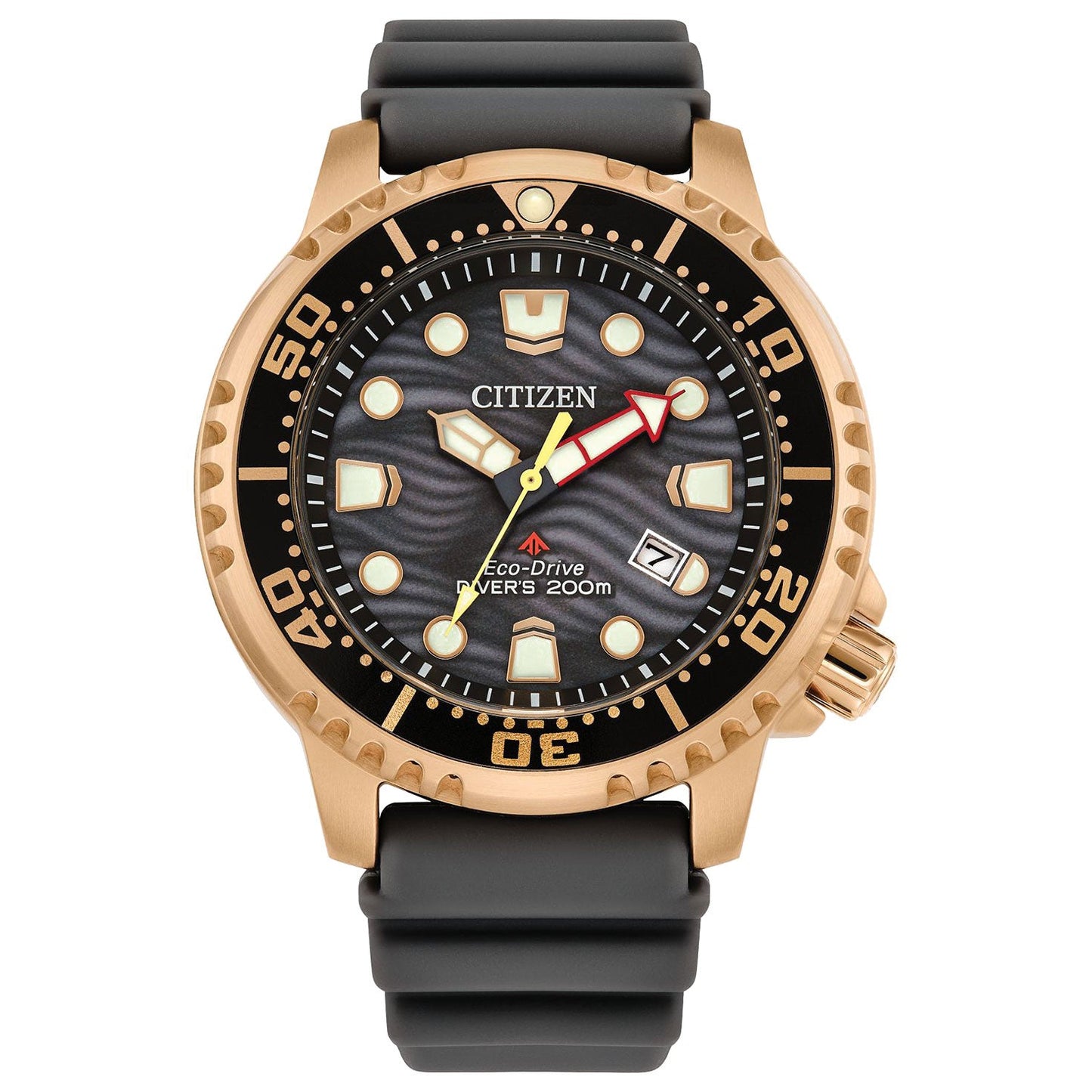 The CITIZEN Promaster Dive Eco-Drive 44mm Watch by CITIZEN boasts Eco-Drive technology and features a gold-tone stainless steel case with a black bezel and black rubber strap. Its dial is designed with large luminescent hour markers, a date window, and oversized hands accentuated by an eye-catching red minute hand.