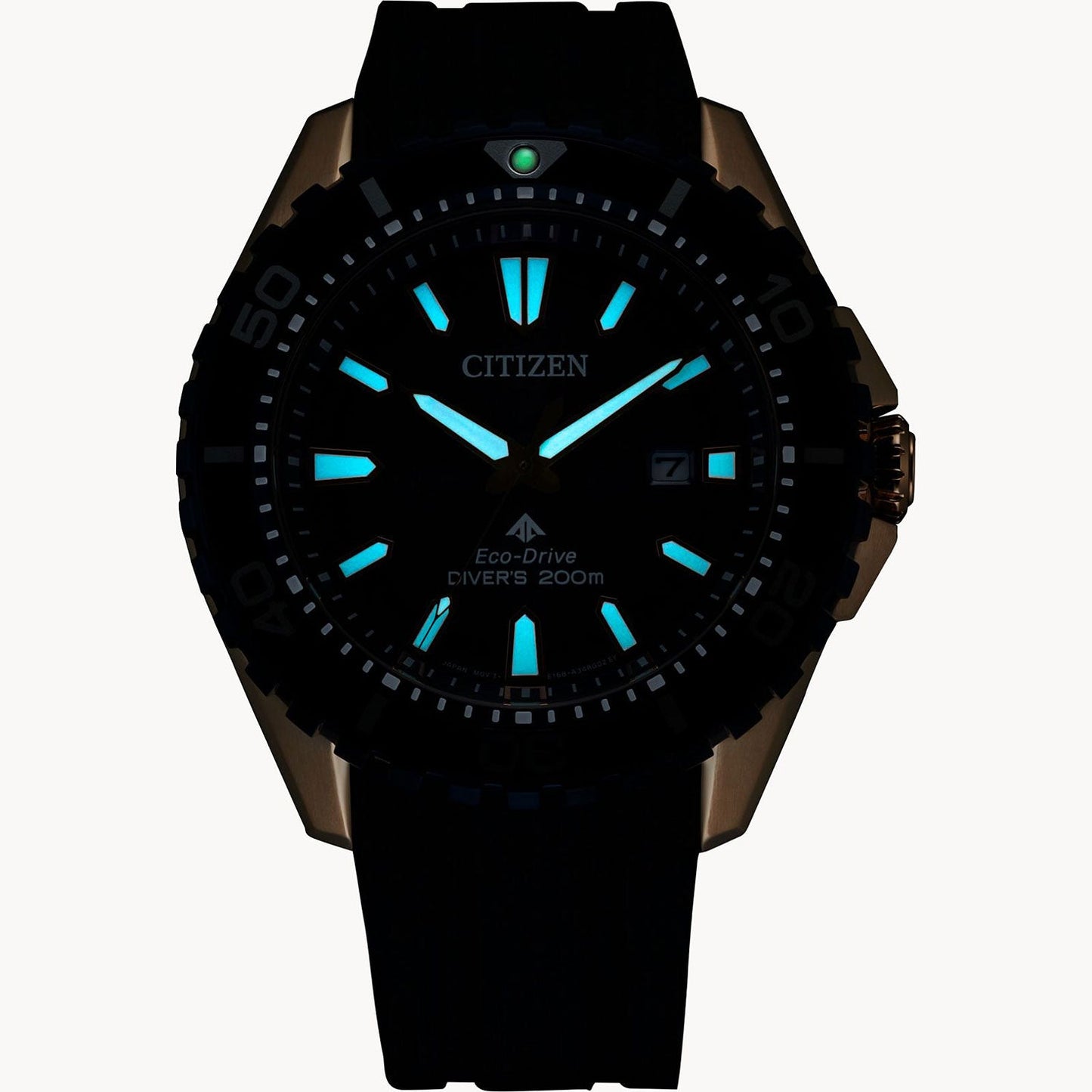 The CITIZEN Promaster Dive Eco-Drive 45mm Watch features luminescent blue hands and hour markers, with the date set to the 7th. It is water-resistant up to 200 meters and comes with a black band and bezel.