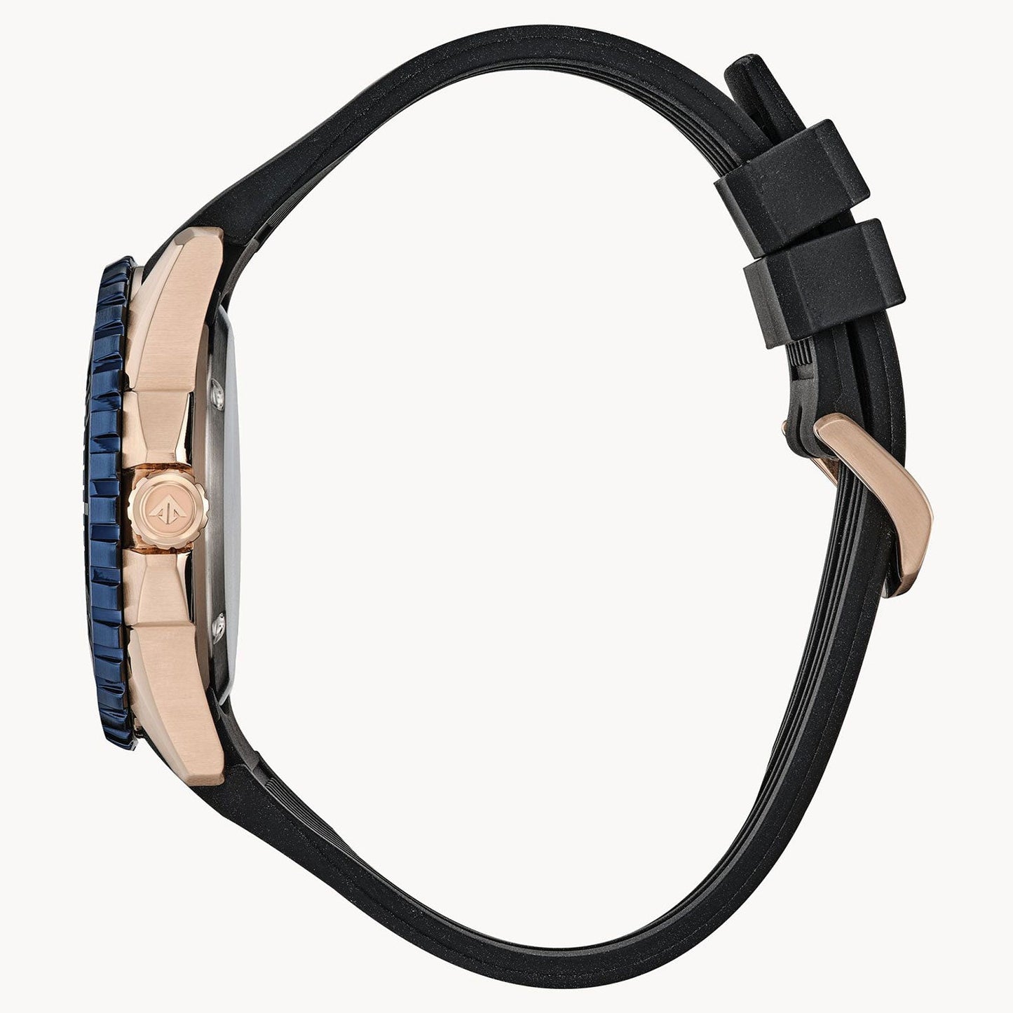 Side view of the CITIZEN Promaster Dive Eco-Drive 45mm Watch showcasing a blue bezel, black rubber strap, and rose gold case with a visible crown on the side. The rose gold buckle complements the elegant design of the case.