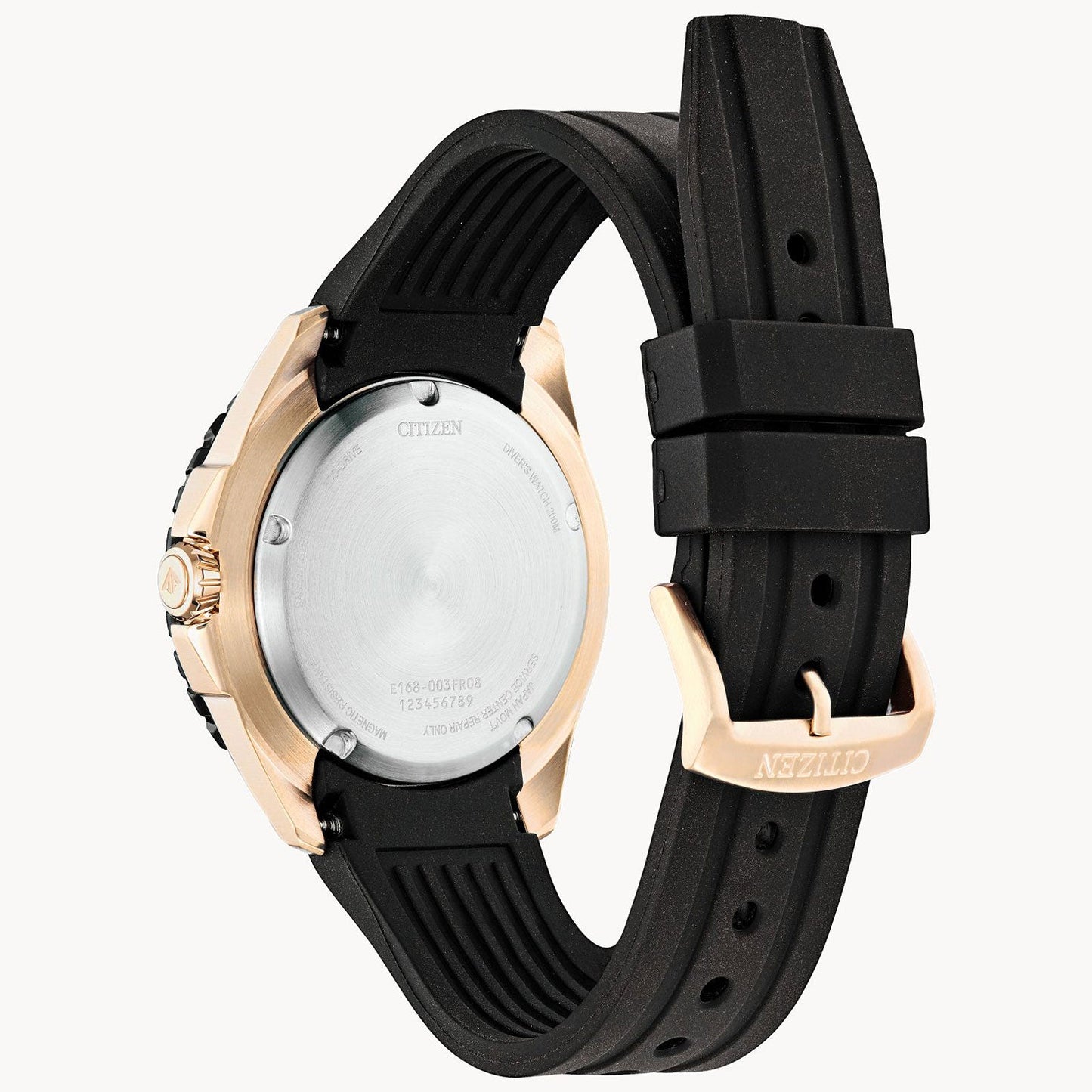 The image features the back of a CITIZEN Promaster Dive Eco-Drive 45mm Watch, which has a black rubber strap and a rose gold-colored case. The silver watch back and buckle are engraved with the CITIZEN brand name. Additionally, the side crown is visible, as well as the strap adjustment holes.