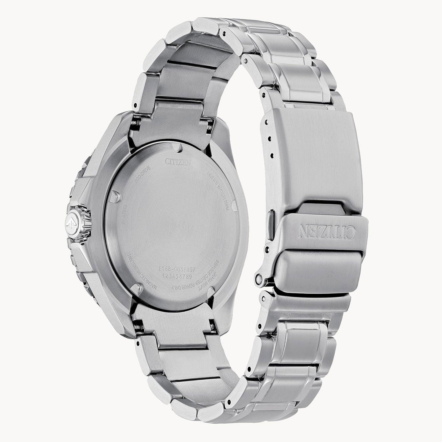 The image depicts the back view of a CITIZEN Promaster Dive Eco-Drive 45mm Watch, featuring a polished stainless steel case and metal bracelet with a closed clasp. The watch case and band exhibit engraved details on the case back.