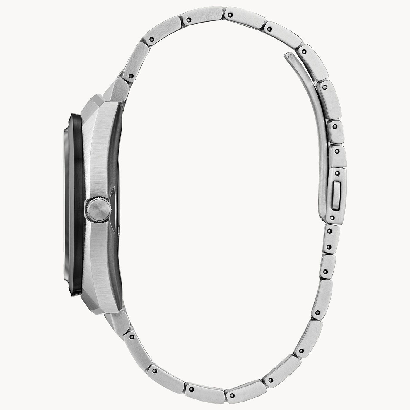 The side view of the CITIZEN Eco-Drive 365 Eco-Drive 42.5mm Watch highlights a silver metal link bracelet and a round case, presenting its streamlined profile with a noticeable crown and clasp on the band. With Eco-Drive 365 technology, this CITIZEN watch ensures long-lasting performance. The face of the watch remains out of sight.