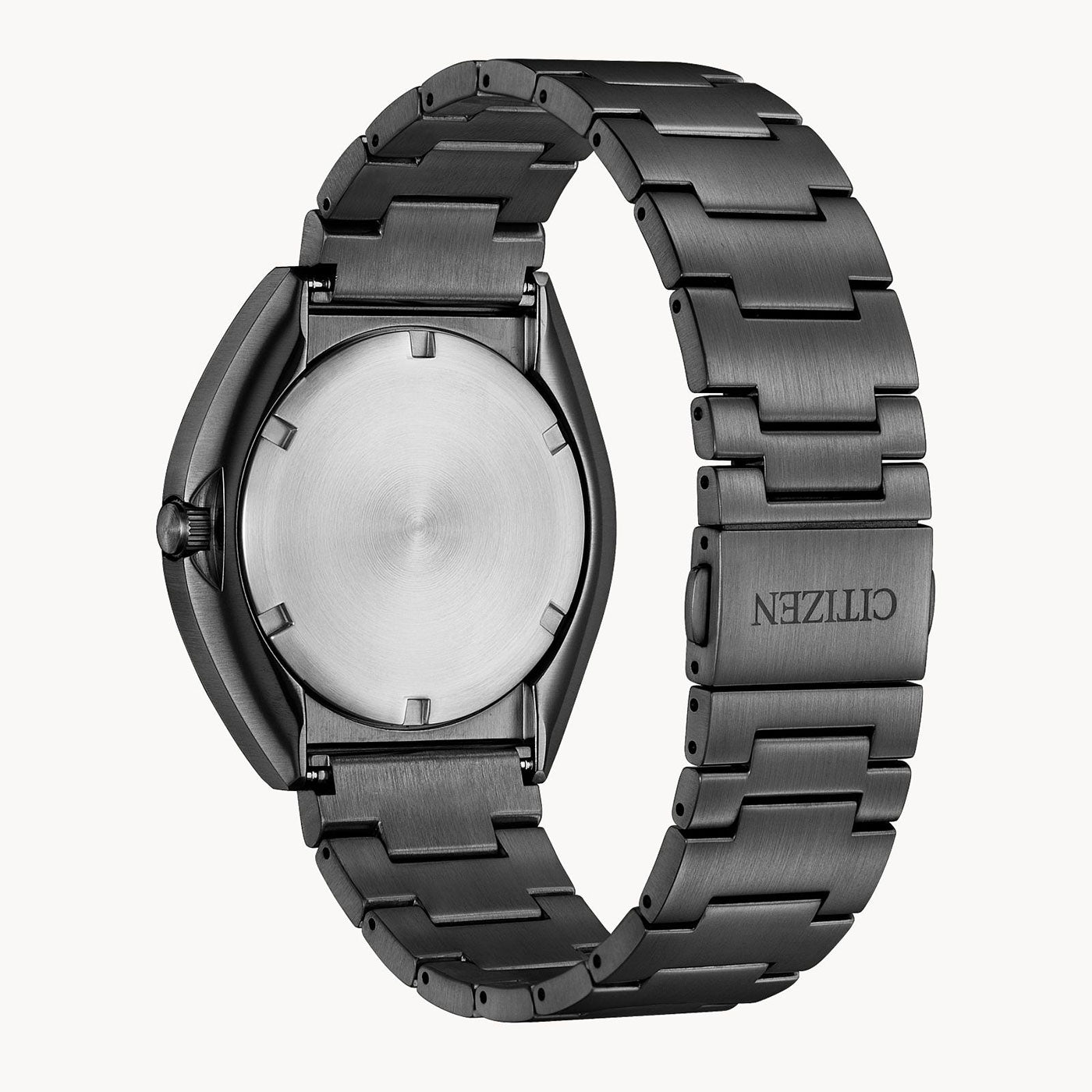 A back view of the CITIZEN Eco-Drive 365 Eco-Drive 42.5mm Watch highlights its brushed metal stainless steel finish and Citizen brand clasp, along with a smooth, round case. The linked bracelet offers a sleek and modern appearance, benefiting from Eco-Drive 365's sustainable light-powered technology.