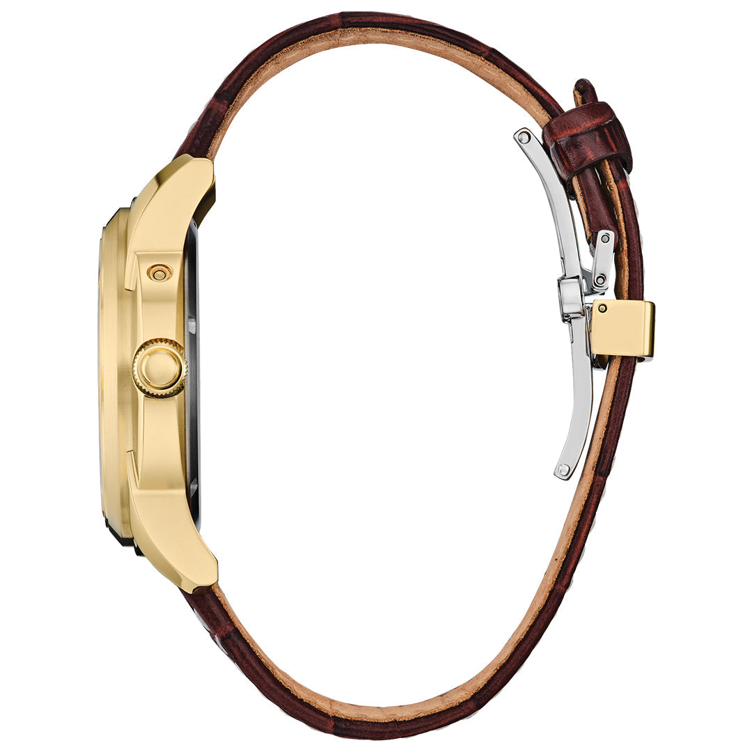 The CITIZEN Calendrier Eco-Drive 41.8mm Watch has a gold-tone stainless steel case, brown leather strap, round face, prominent crown, and classic buckle closure, encapsulating minimalist elegance with Eco-Drive technology.