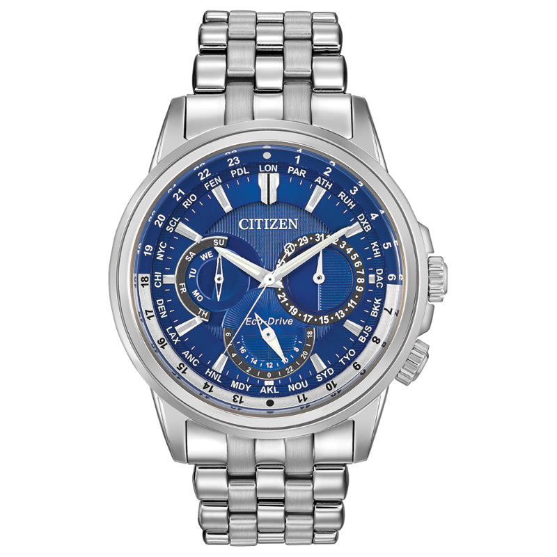 Discover the CITIZEN Calendrier Eco-Drive 44mm Watch: a striking silver timepiece adorned with a vibrant blue dial that includes world time subdials, a date function, and a stainless steel bracelet. The bold hour markers and hands beautifully contrast against its intricate design.