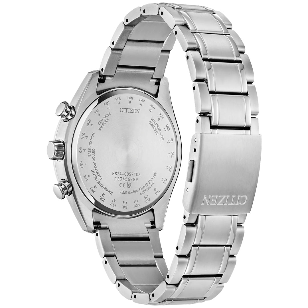 The CITIZEN Tsuki-yomi A-T Atomic Time Keeping Super Titanium Eco-Drive 43mm Watch features an engraved case back with model info, time zones, and a metal link band with the CITIZEN logo—powered by Eco-Drive technology.