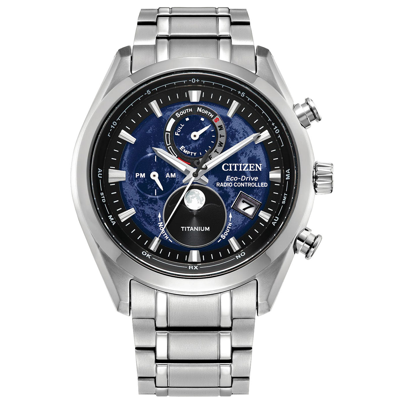 The CITIZEN Tsuki-yomi A-T Atomic Time Keeping Super Titanium Eco-Drive 43mm Watch features cutting-edge Eco-Drive technology with a titanium band and bezel. Its black dial is equipped with multiple sub-dials, radio-controlled atomic timekeeping functions, an AM/PM indicator, compass markings, and moonphase features.