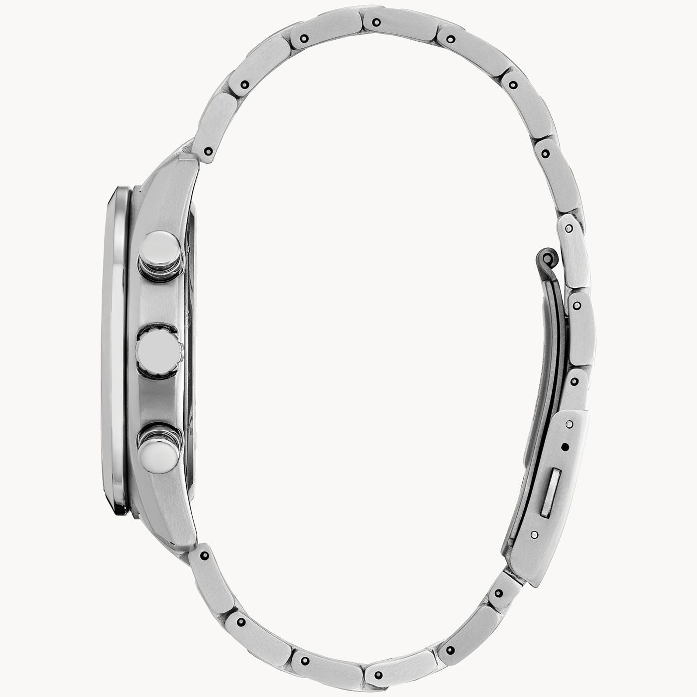 Side profile of the CITIZEN Tsuki-yomi A-T Atomic Time Keeping Super Titanium Eco-Drive 43mm Watch, highlighting its stainless steel appearance with a round case, two buttons, and a link bracelet. Featuring Eco-Drive technology, the clasp is positioned on the right side, underscoring its sleek and minimalist design.