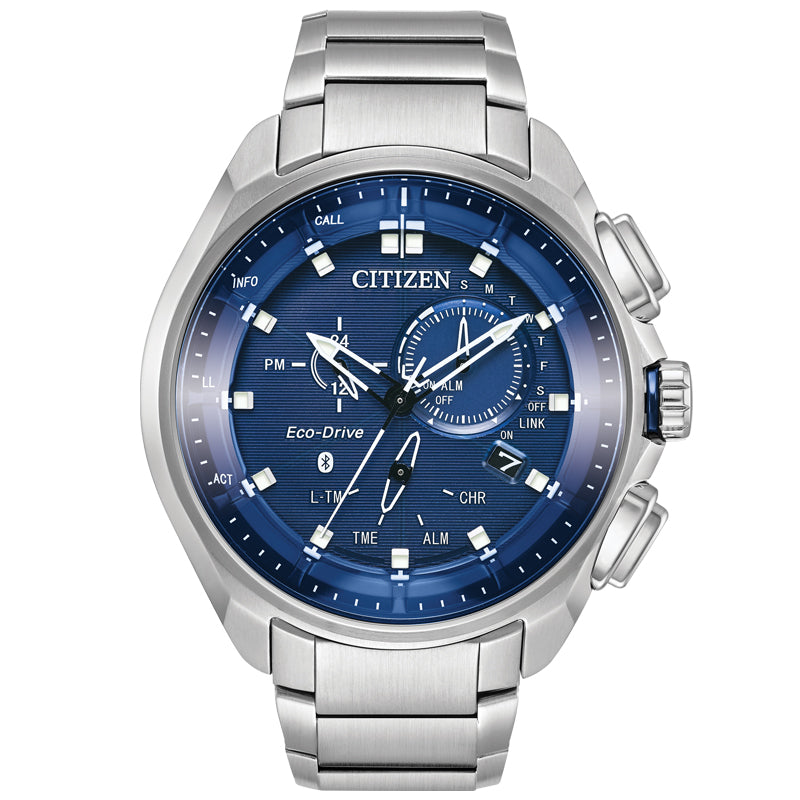 The CITIZEN Proximity Pryzm Eco-Drive 48mm Smart Watch showcases a stainless steel band and a blue dial. This watch is Bluetooth-compatible and includes multiple subdials, various dials, and buttons for enhanced functionality. Its sleek, modern design makes it an ideal choice for the tech-savvy individual.