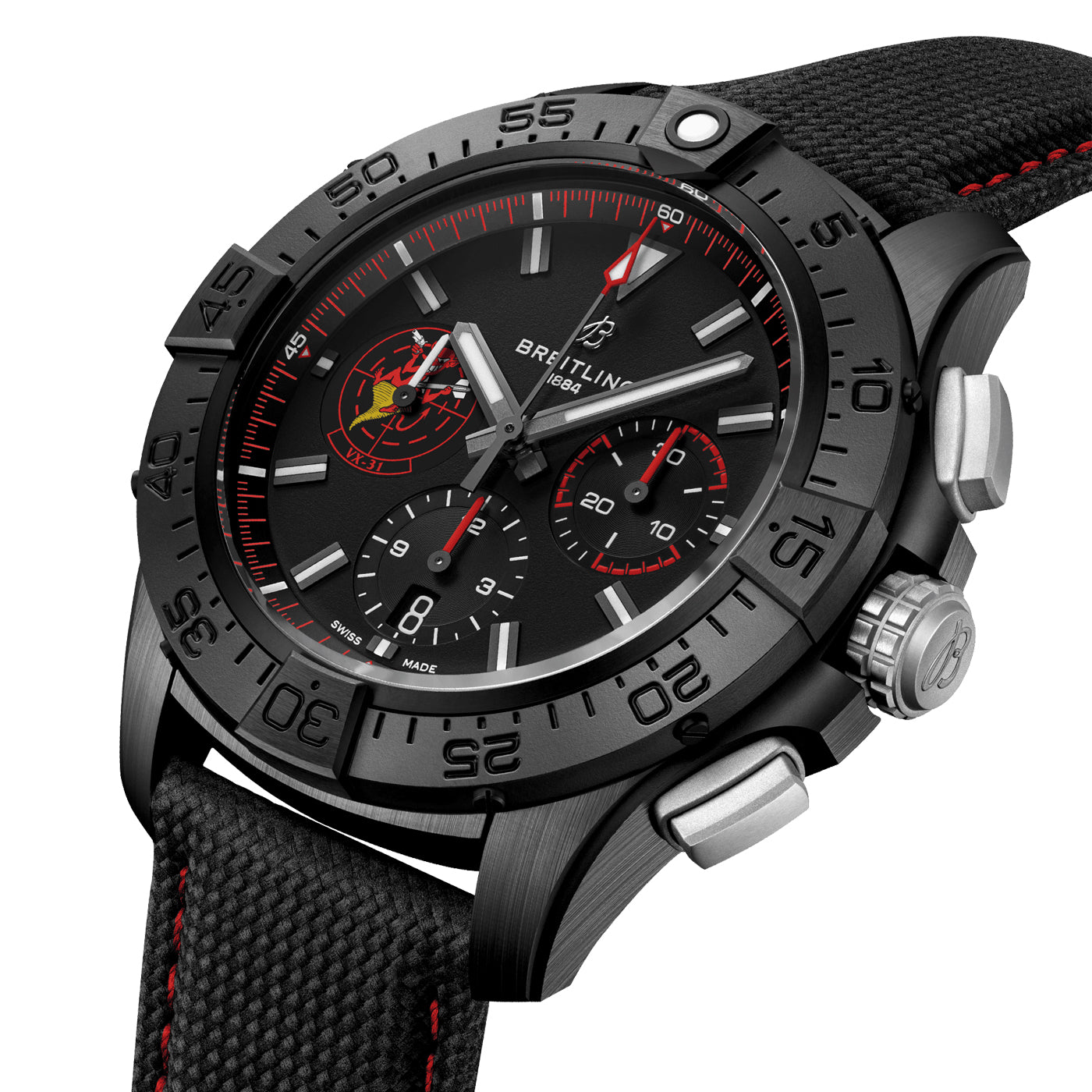 The BREITLING Avenger B01 Chronograph 44 Night Mission USN Dust Devils highlights a sophisticated black case with striking red accents. It is equipped with a black chronograph dial featuring silver indices, three subdials, and a textured black strap adorned with red stitching. Powered by the Breitling manufacture caliber 01, the watch's bezel is engraved with numerals and showcases the iconic Breitling logo.