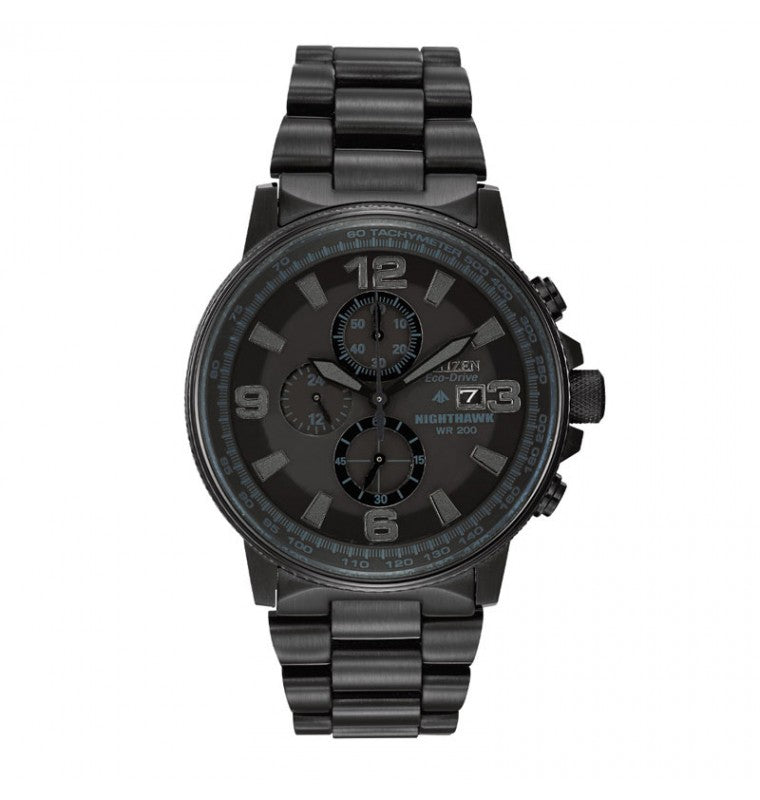 The CITIZEN Nighthawk Promaster Eco-Drive 42mm Watch is a stylish black timepiece featuring a stainless steel bracelet and three chronograph subdials on its face. The dial showcases a blackout design, complete with large numerals, date display, and the "Nighthawk" branding. The watch also includes a tachymeter scale encircling the bezel.
