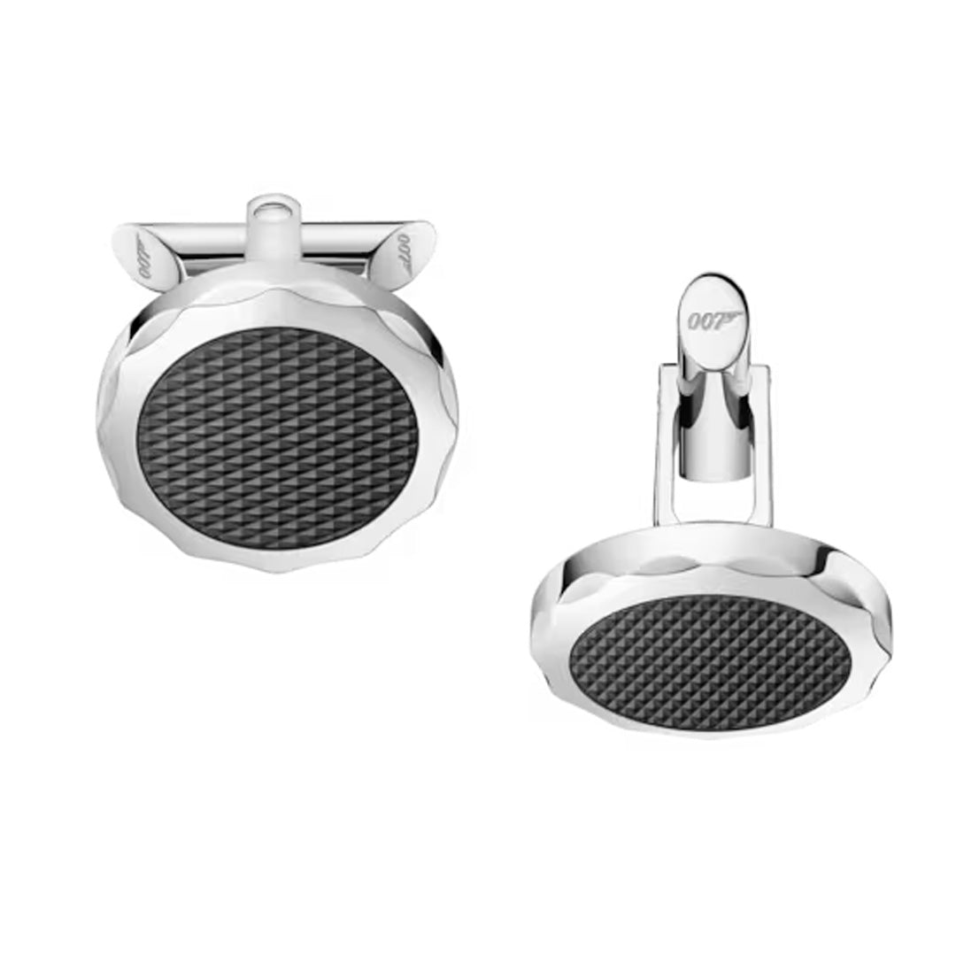 The OMEGA Aqua 007 Edition Cufflinks feature a textured black center with engraved text on the back, echoing the iconic 007 logo. These sophisticated silver pieces are ideal for fans of OMEGA Accessories, elevating any outfit.