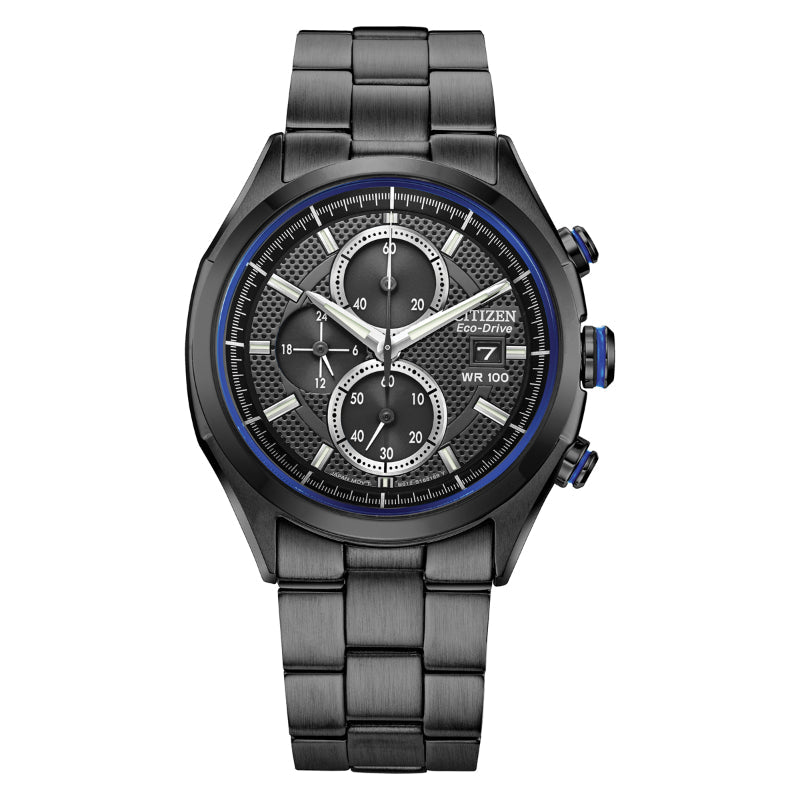 Introducing the CITIZEN Weekender Eco-Drive 41mm Watch, a sophisticated timepiece designed with a black stainless steel bracelet. This distinguished watch showcases a chronograph with three subdials, complemented by silver hour markers and striking blue accents on the bezel and buttons. The watch face features the innovative Eco-Drive technology along with a textured design for added elegance.
