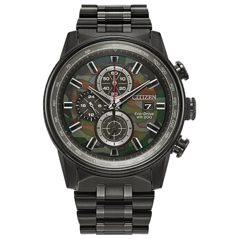 The CITIZEN Nighthawk Eco-Drive 43mm Watch, renowned for its Camo design, features a black metal strap and case. Its dial showcases a captivating camouflage pattern complemented by three subdials and a date window. The silver hour markers and hands are accented by a bold red-tipped second hand for enhanced readability.