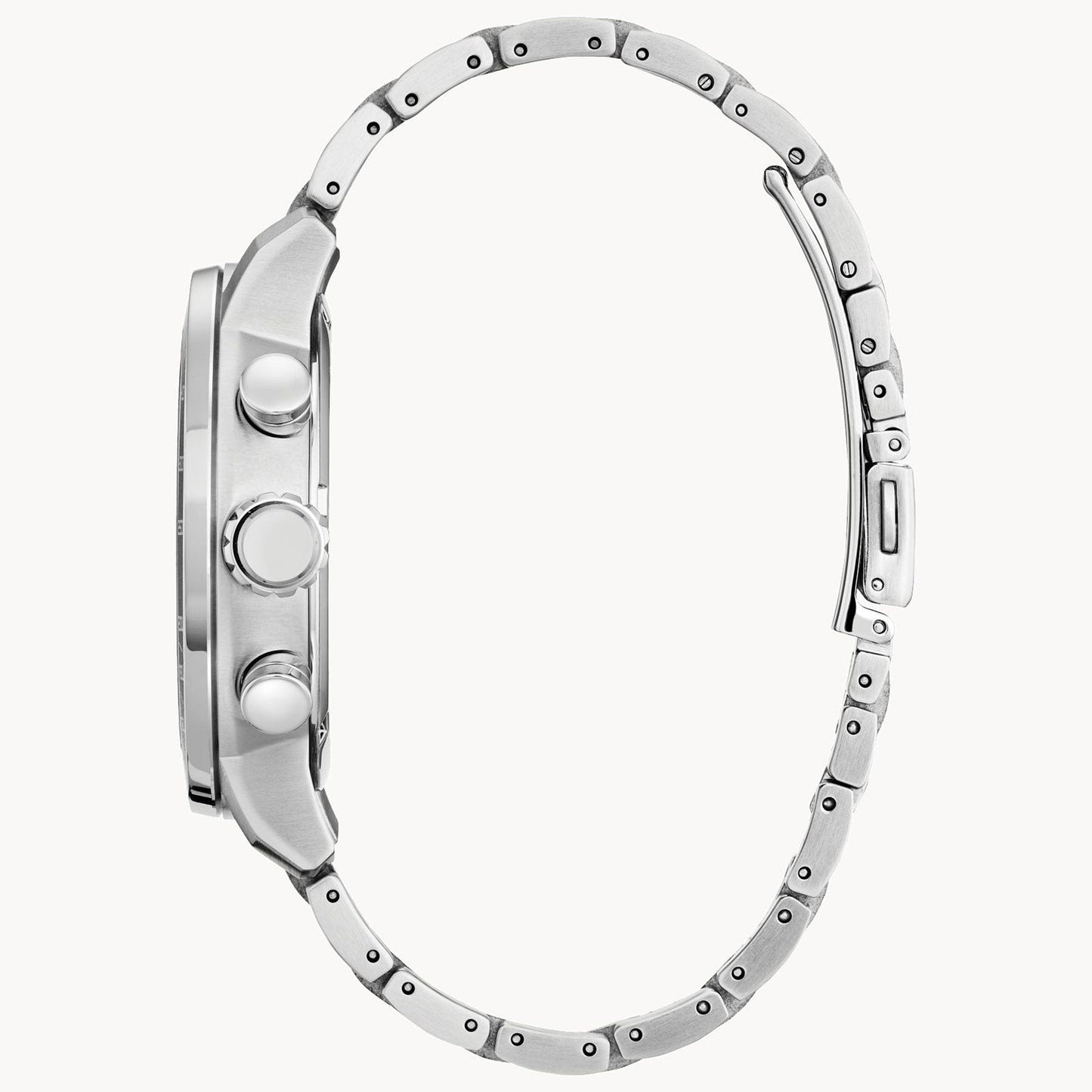 Side view of a silver metal CITIZEN Brycen Eco-Drive 44mm sports watch with a detailed band and round case, featuring two push-buttons on the right side.