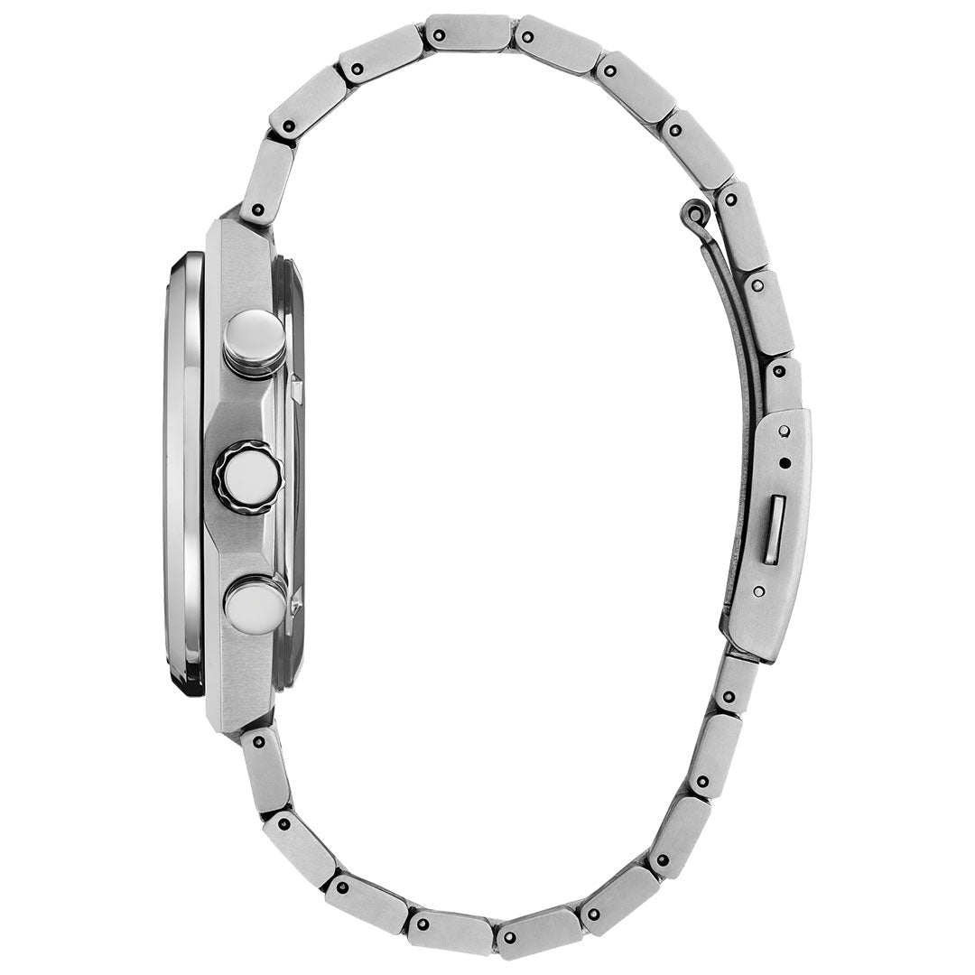 Side view of the CITIZEN Forza Chrono Super Titanium Eco-Drive 42.5mm Watch, showcasing a sleek silver design with a metal link band. The two side buttons and crown enhance its elegant profile, while the open clasp reveals the intricate craftsmanship of the band made from Integrated Super Titaniumâ„¢.