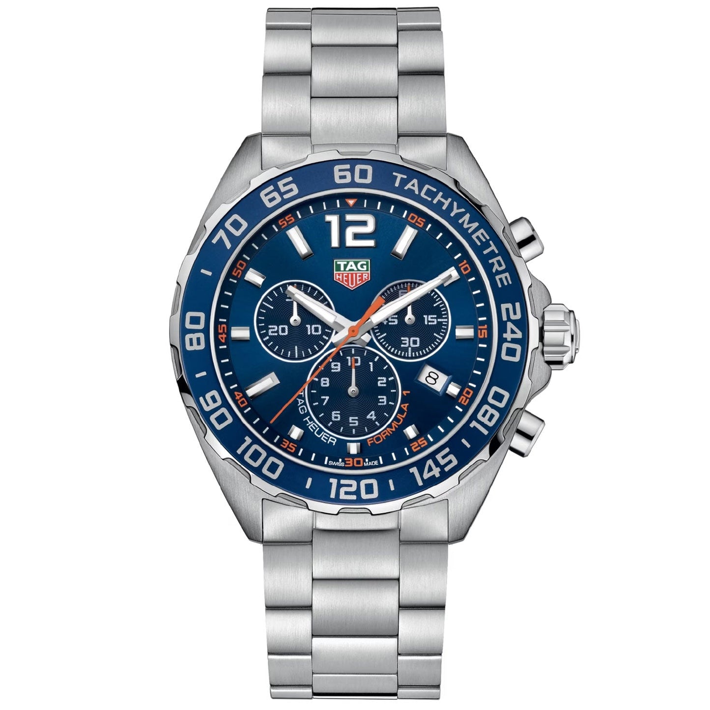 The TAG Heuer Formula 1 Chronograph Quartz 43mm Watch features a stainless steel case, a blue tachymeter bezel, a blue dial with three subdials, white and orange accents, and a date window at the 4 o’clock position.