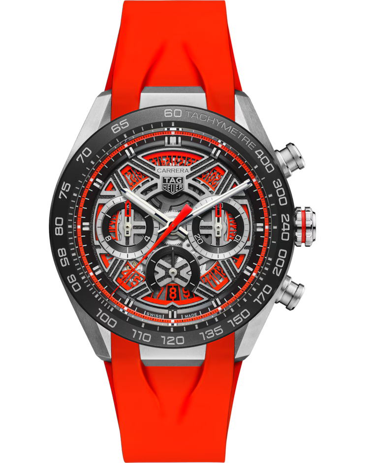 Experience the TAG Heuer Carrera Chronograph Extreme Sport Automatic 44mm watch—a dynamic timepiece featuring a skeleton dial, black and silver case, striking red accents, and an orange-red rubber strap. The bezel is adorned with tachymeter markings for a sporty touch.