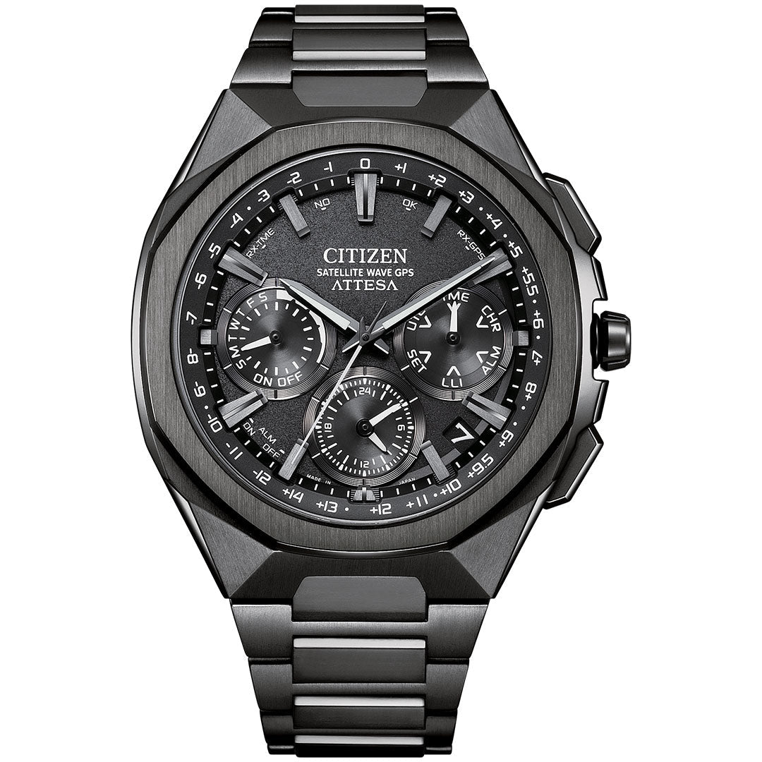 The CITIZEN Attesa Satellite Time Keeping Super Titanium Limited Edition Eco-Drive 43.2mm Watch features a black dial with multiple subdials, date display, silver hour markers, and a modern metal bracelet.